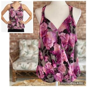 INC Top Blouson Floral XL Halter Racerback Purple Pink V-Neck Sleeveless